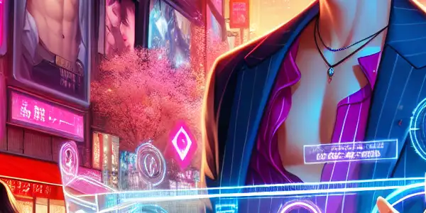 A vibrant urban scene depicting a stylish character interacting with a holographic interface in a neon-lit nightlife setting.