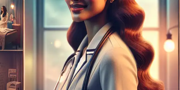 A female nurse in a romantic hospital setting, blending professionalism with allure amidst soft lighting and intimate details.