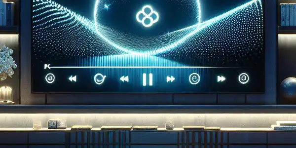 A modern living room with a high-tech media setup, featuring a large TV, plush sofa, and cozy ambiance.