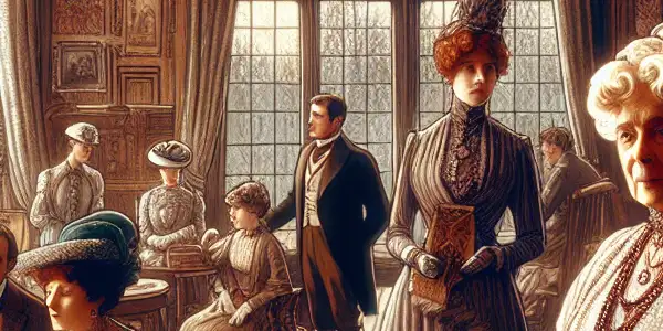 The Crawley family engages in animated conversation in a grand early 20th-century English manor, hinting at underlying tensions.