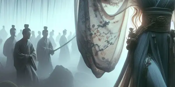 A graceful female martial artist in a bamboo forest, poised with a sword amidst shadowy figures, exuding confidence and allure.