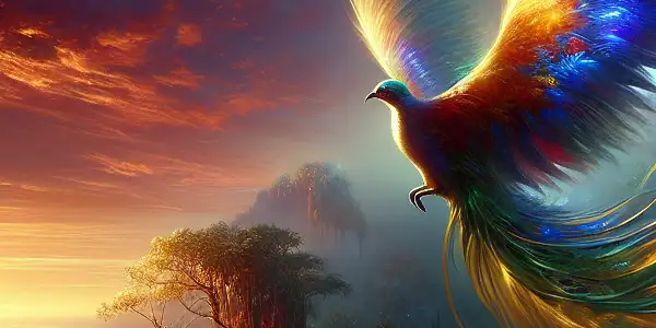 A mythical bird soars over a vibrant twilight landscape filled with exotic flowers, symbolizing romance and desire.