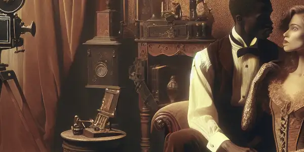 A stylish couple shares an intimate moment in a vintage room filled with antique furniture and nostalgic decor.