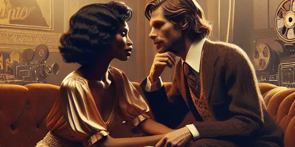 A vintage film set featuring two characters in intimate dialogue, evoking classic German erotic cinema of the 1970s.