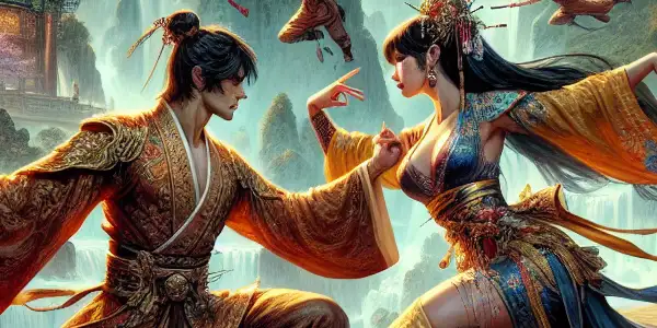 A vibrant martial arts duel between elegantly dressed fighters in a lush, fantastical Jianghu setting.