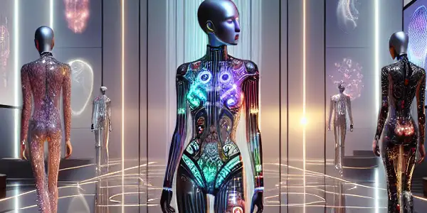 Futuristic fashion scene featuring models in dynamic, color-changing bodysuits and high-tech accessories in a sleek, illuminated studio.