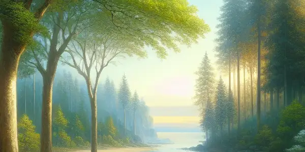 A couple playfully interacting in a serene forest with a beach and soft sunlight in the background.<a href=