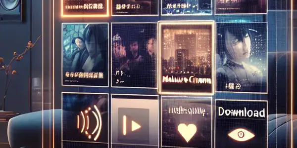 A smartphone interface displaying an AV app with vibrant thumbnails in a cozy living room setting.