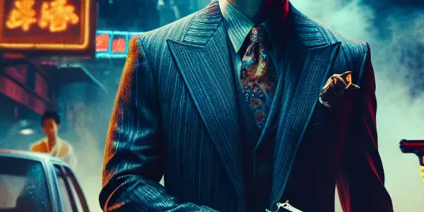 A brooding Anthony Wong as a stylish gangster in a neon-lit Hong Kong alley, surrounded by dynamic cinematic elements.