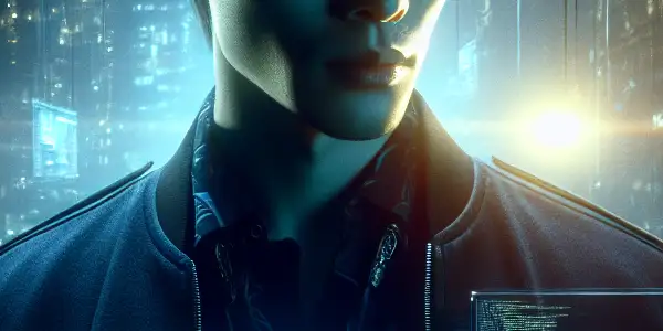 A determined male programmer navigates a high-tech urban environment at night, surrounded by glowing screens and shadows.