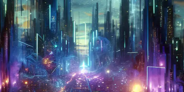A determined figure in a high-tech outfit stands in a futuristic city at dusk, surrounded by neon lights and mist.