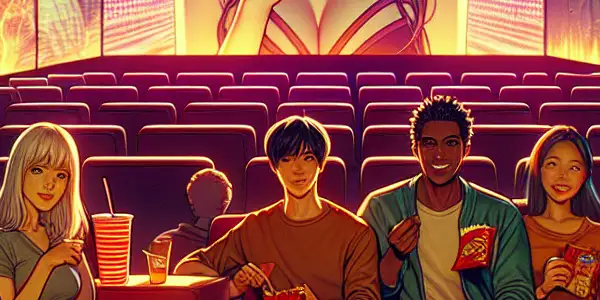 A cozy movie lounge scene with diverse friends enjoying a film night, surrounded by snacks and vibrant decor.