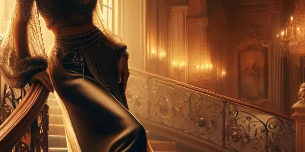A confident woman in a flowing gown leans against an ornate staircase in a dimly lit European manor.