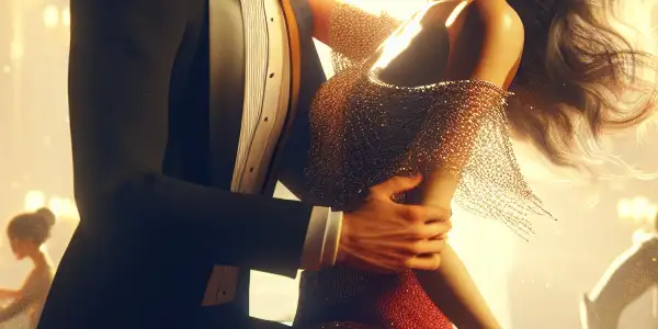 A passionate couple in an intimate embrace, set against a dreamy, romantic backdrop of diverse adult film themes.