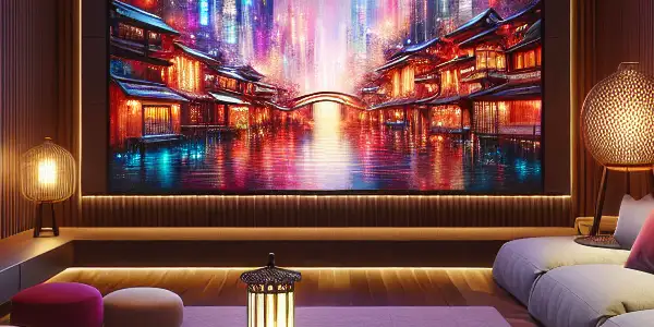 A cozy room featuring a large screen displaying a montage of Western and Japanese adult cinema moments.