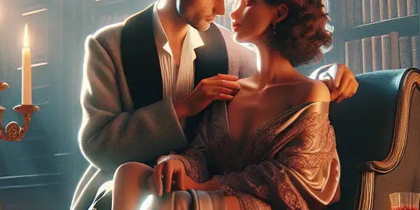 A couple shares a passionate moment in a cozy, dimly lit library surrounded by romance novels.