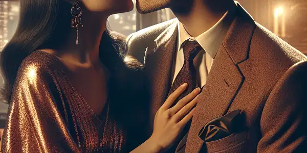 A couple shares a passionate kiss in a cozy, dimly lit room adorned with romantic decor.