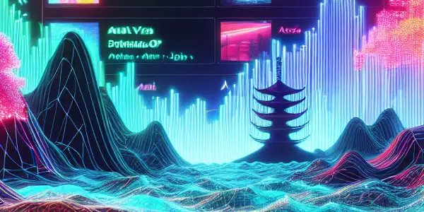 A futuristic digital coastline featuring vibrant waves, adult video thumbnails, and elements of Japanese culture amidst lush vegetation.