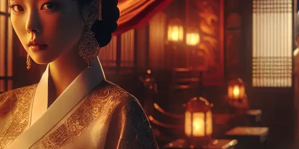 A beautiful Korean woman in traditional attire exudes allure in a luxurious, dimly lit room hinting at forbidden romance.